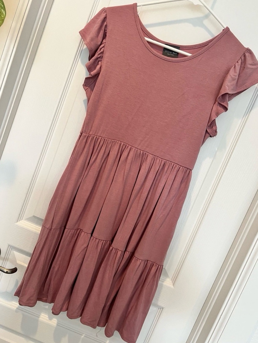 Olivia Rae Dusty Rose Tiered Flutte Ruffle-Sleeve Dress Fit Flare Jersey Flowy S